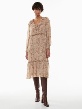 NWT Aritzia Wilfred Julia Sheer Midi Dress- Gold Carmel/Light Birch